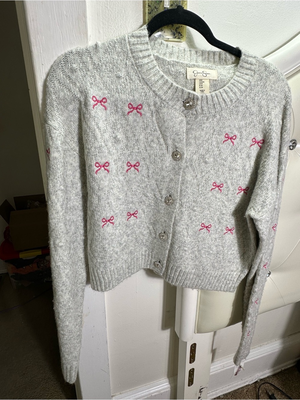 Jessica Simpson Gray Cropped Cardigan with Pink Bow Embroidery